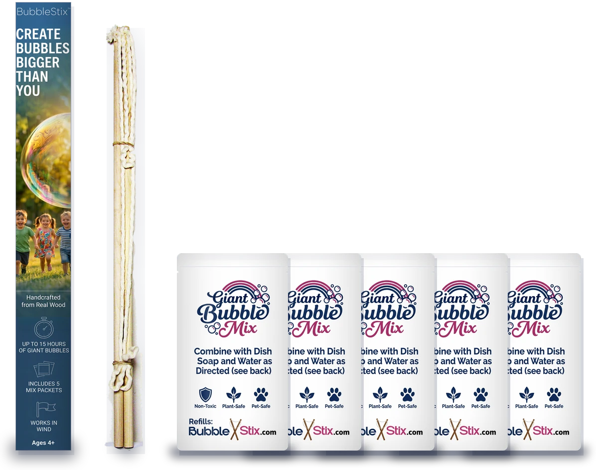 BubbleStix Original Kit box, bubble sticks and five formula packets