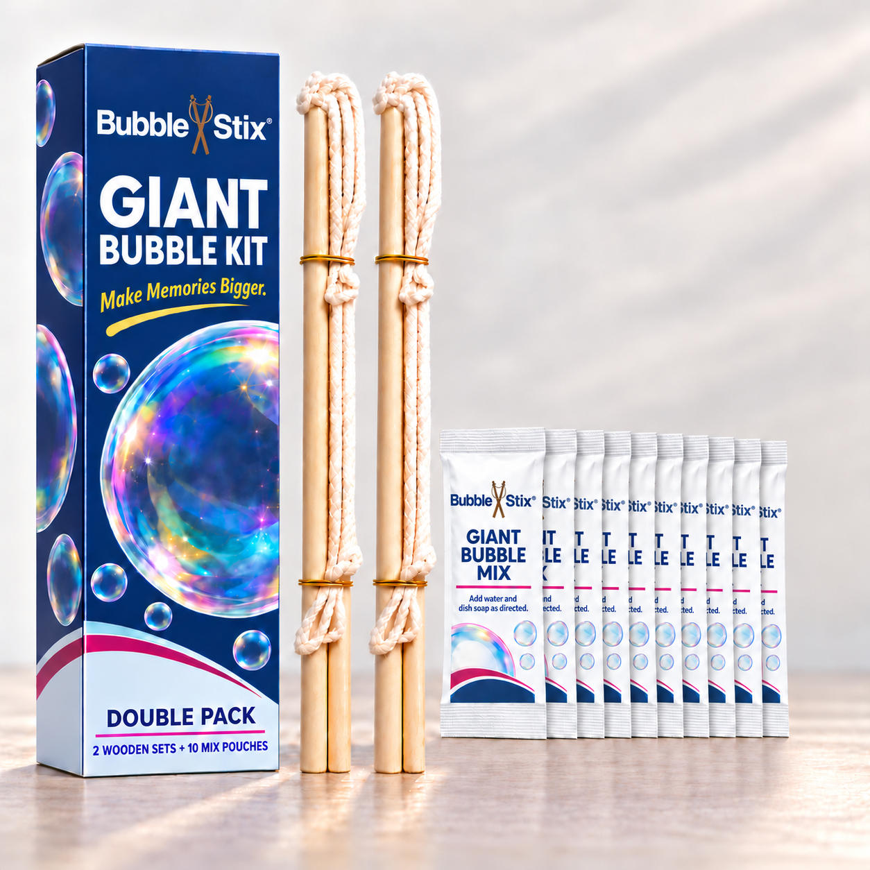 Double Pack navy packaging showing included equipment and mix