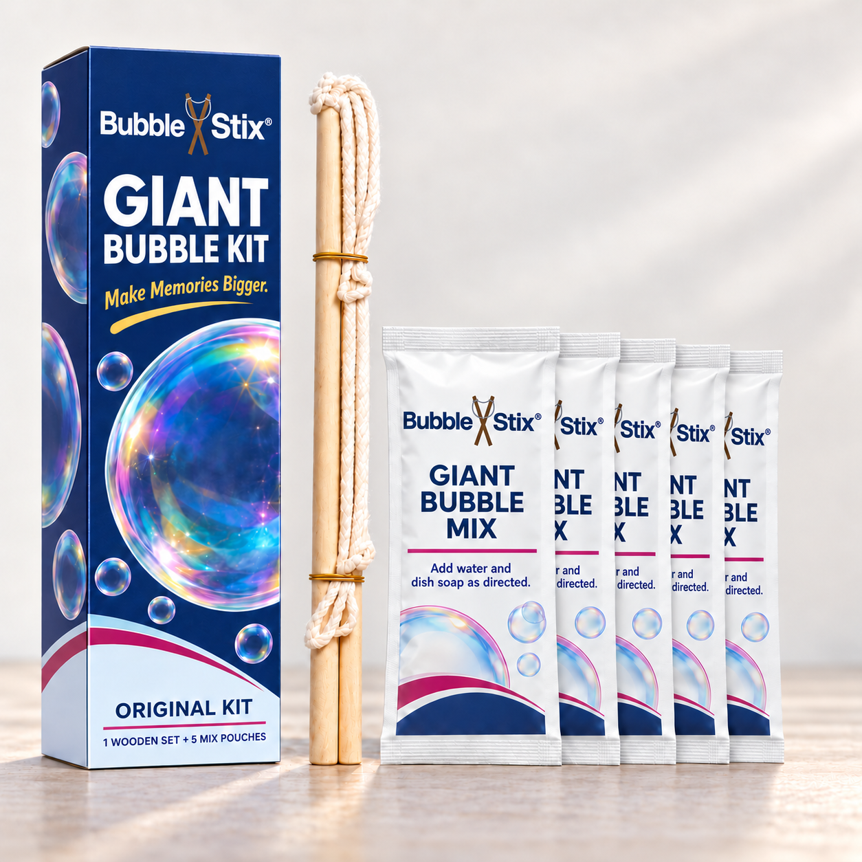 Giant Bubble Kit navy packaging showing included equipment and mix